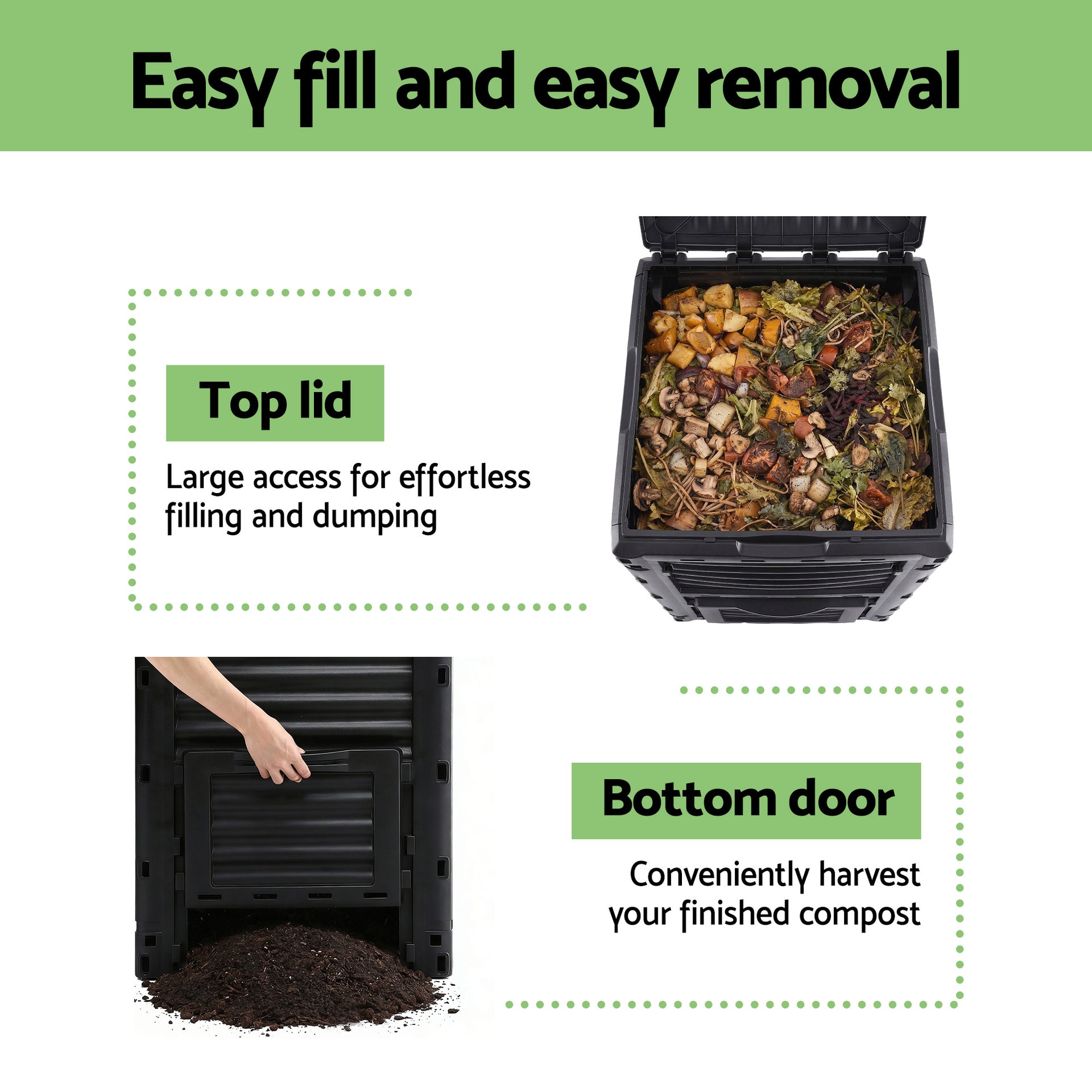 Gardeon Compost Bin 300L Heavy-Duty Black Outdoor Composter with Top Lid Bottom Door Awezingly