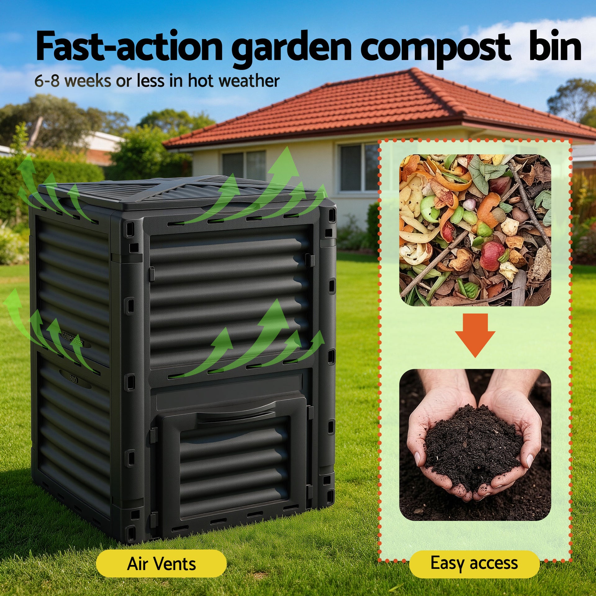 Gardeon Compost Bin 300L Heavy-Duty Black Outdoor Composter with Top Lid Bottom Door Awezingly