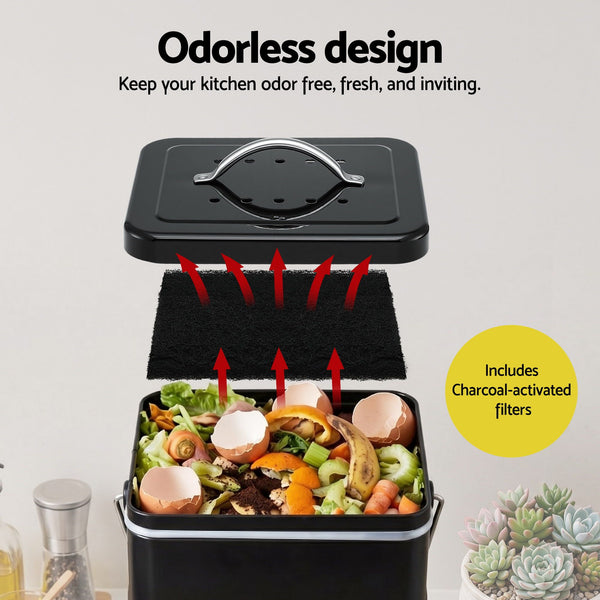 Gardeon 5L Compost Bin Kitchen Countertop Food Waste Caddy Black Awezingly