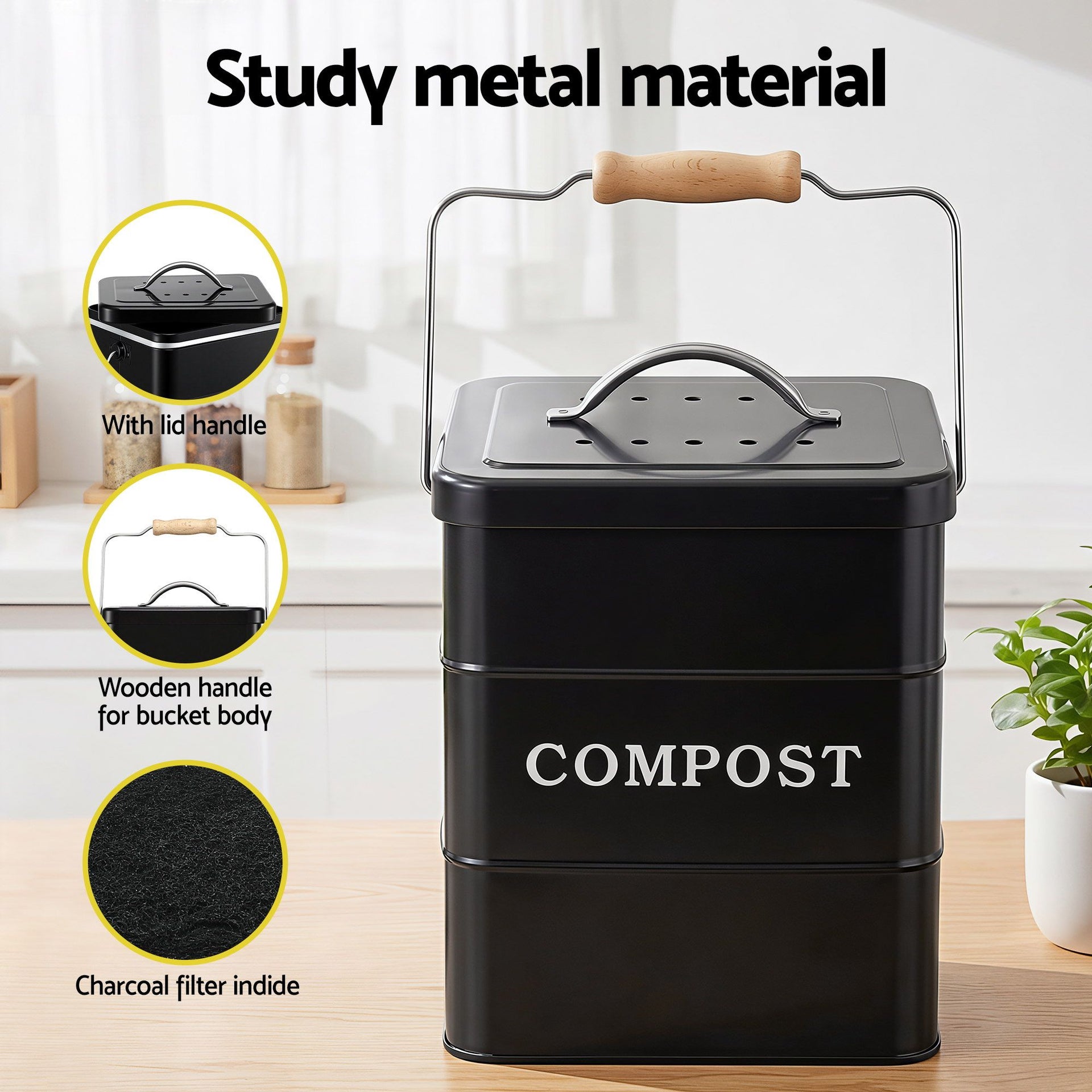 Gardeon 5L Compost Bin Kitchen Countertop Food Waste Caddy Black Awezingly