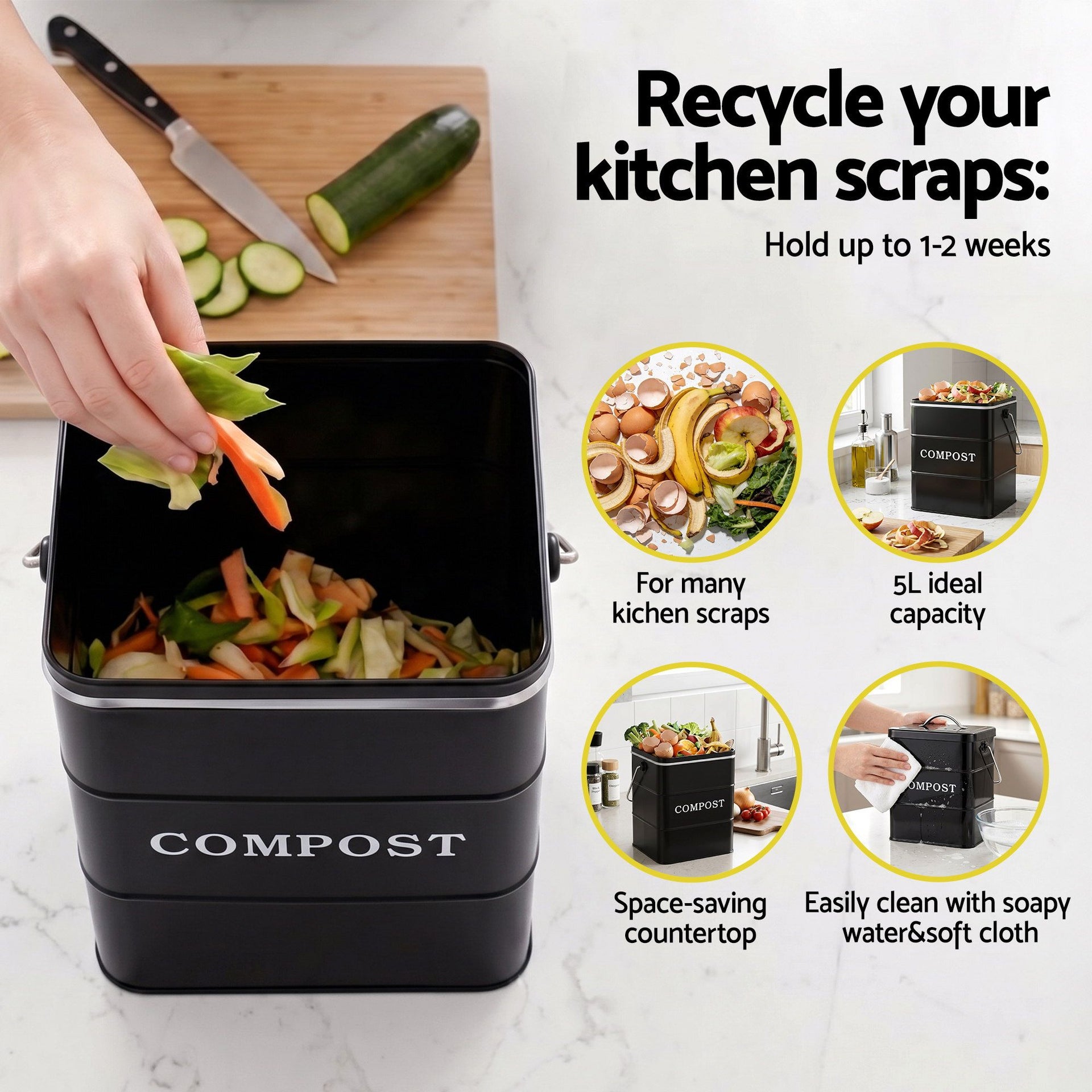 Gardeon 5L Compost Bin Kitchen Countertop Food Waste Caddy Black Awezingly