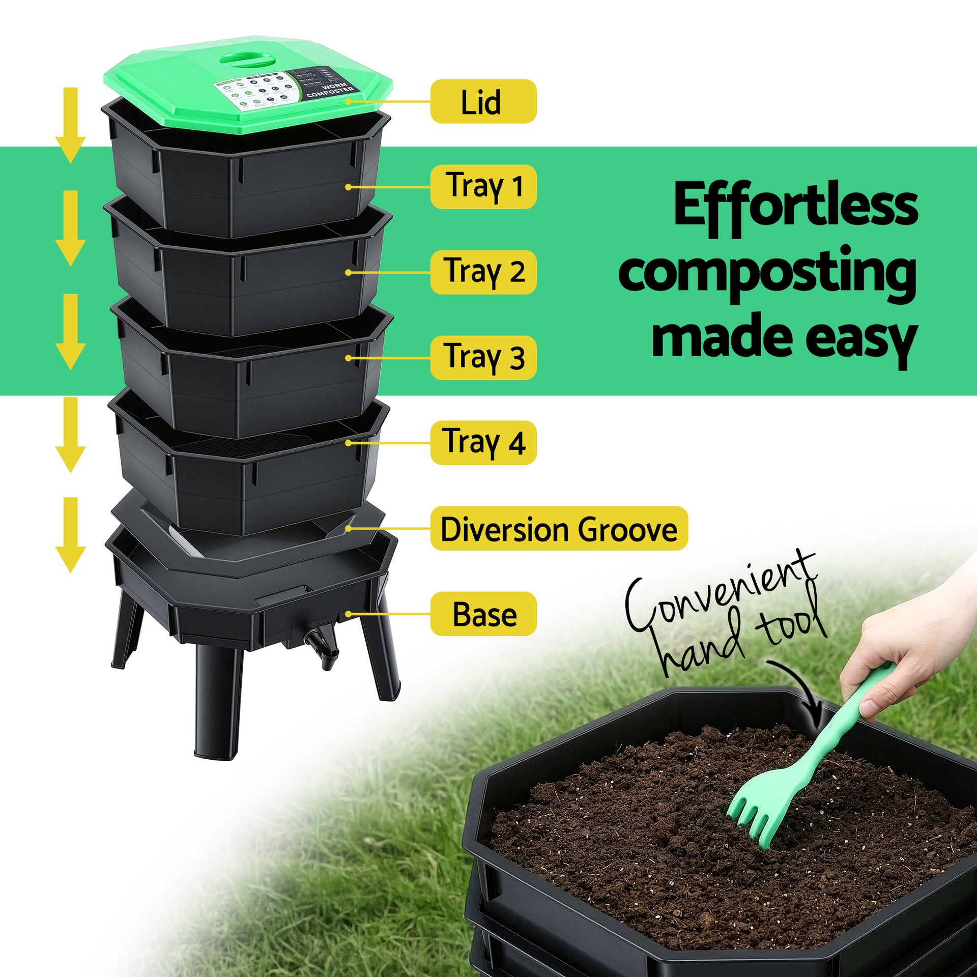 Gardeon Compost Bin 4-Tray Stackable Worm Farm Composter with Liquid Fertiliser Tap Awezingly