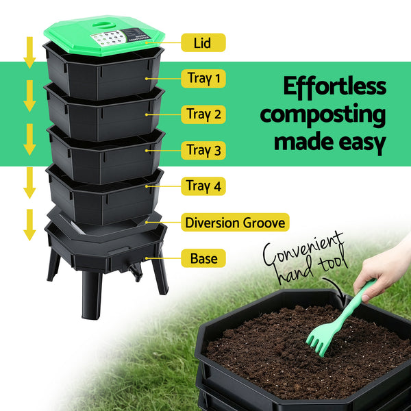 Gardeon Compost Bin 4-Tray Stackable Worm Farm Composter with Liquid Fertiliser Tap Awezingly