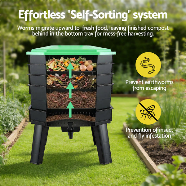 Gardeon Compost Bin 4-Tray Stackable Worm Farm Composter with Liquid Fertiliser Tap Awezingly