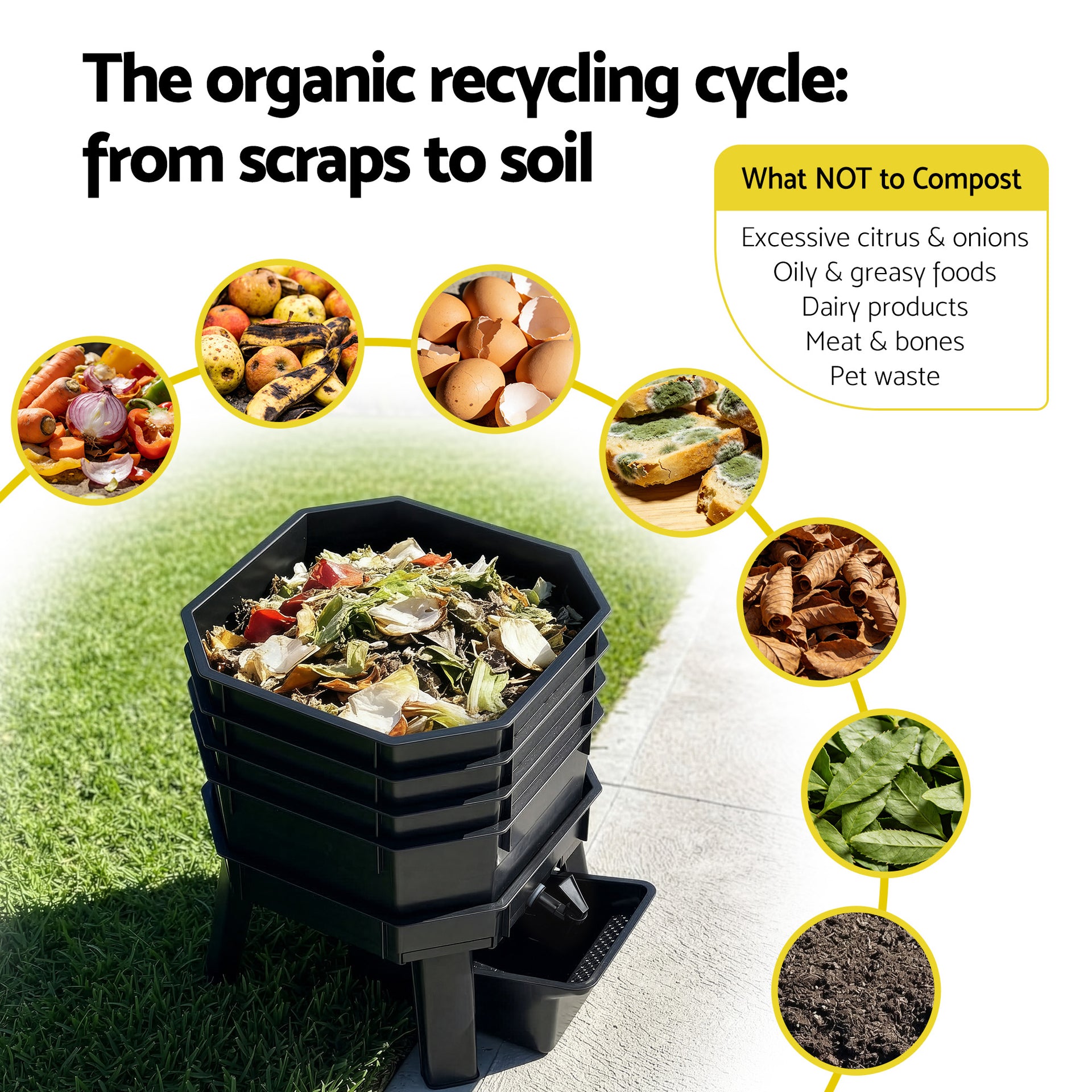 Gardeon Compost Bin 4-Tray Stackable Worm Farm Composter with Liquid Fertiliser Tap Awezingly