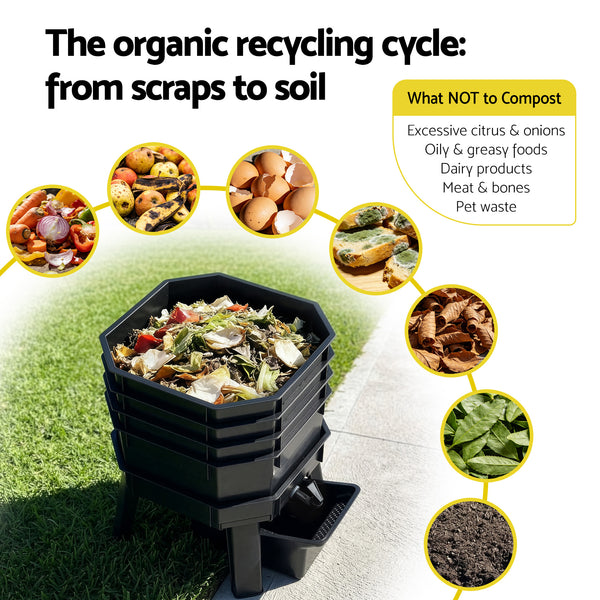 Gardeon Compost Bin 4-Tray Stackable Worm Farm Composter with Liquid Fertiliser Tap Awezingly