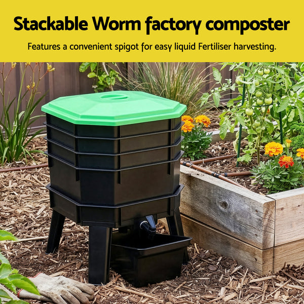Gardeon Compost Bin 4-Tray Stackable Worm Farm Composter with Liquid Fertiliser Tap Awezingly