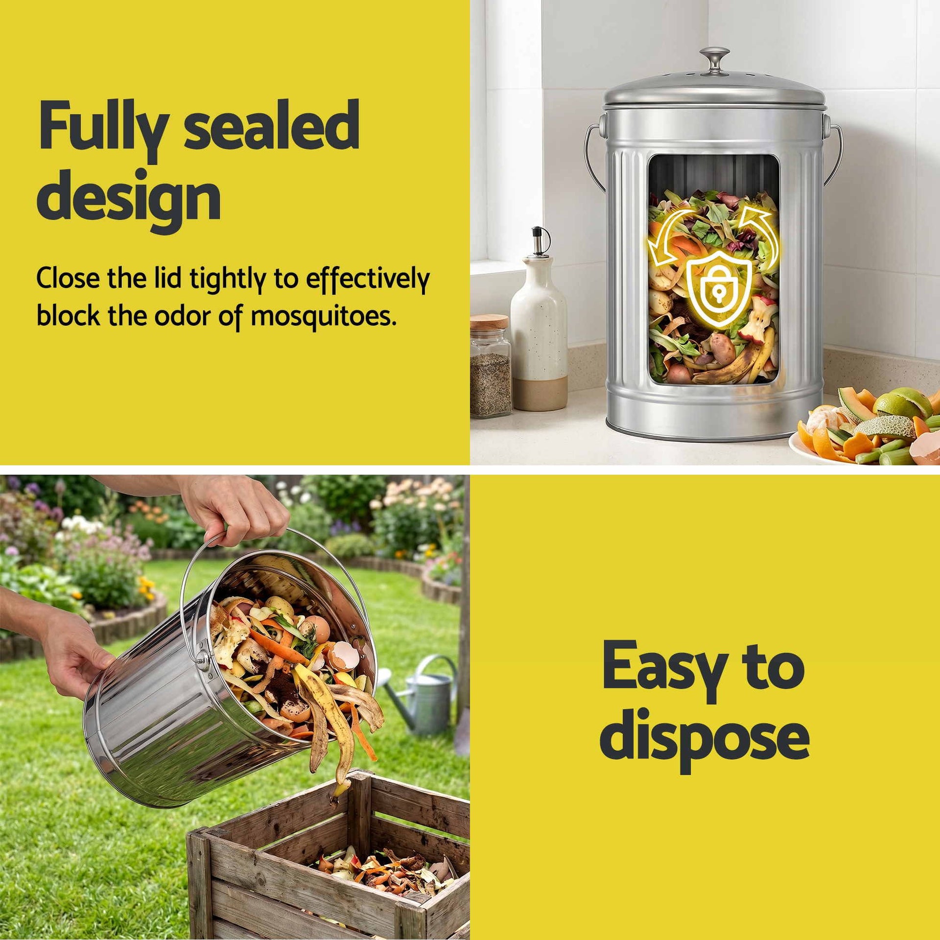 Gardeon Compost Bin Kitchen Countertop Food Waste Caddy 6L Silver Awezingly