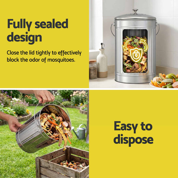 Gardeon Compost Bin Kitchen Countertop Food Waste Caddy 6L Silver Awezingly