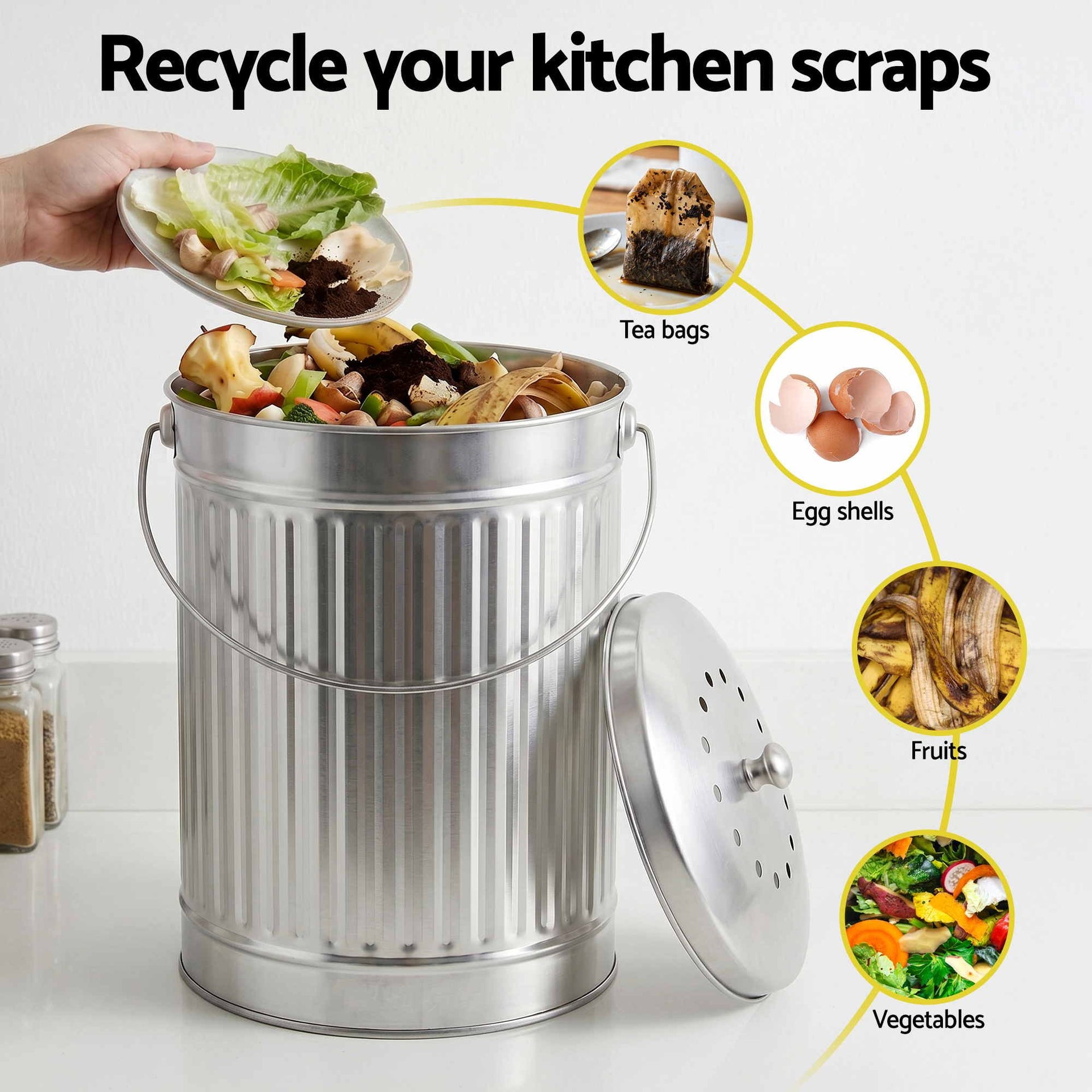 Gardeon Compost Bin Kitchen Countertop Food Waste Caddy 6L Silver Awezingly
