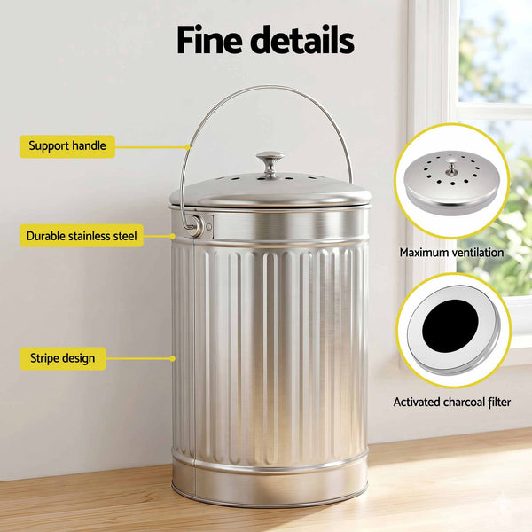 Gardeon Compost Bin Kitchen Countertop Food Waste Caddy 6L Silver Awezingly