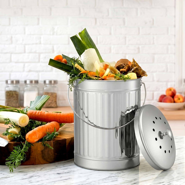 Gardeon Compost Bin Kitchen Countertop Food Waste Caddy 6L Silver Awezingly