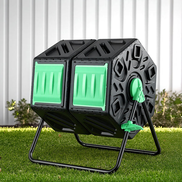 Gardeon Compost Bin Dual-Chamber 130L Composter Tumbler Rotating Garden Recycle Food Waste Awezingly
