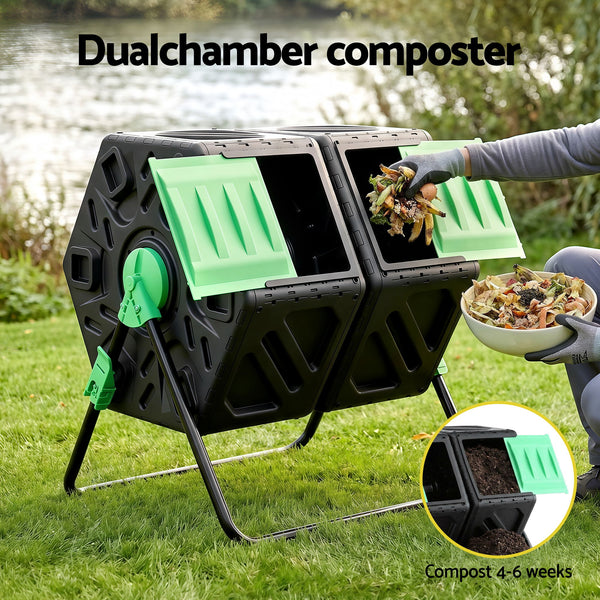 Gardeon Compost Bin Dual-Chamber 130L Composter Tumbler Rotating Garden Recycle Food Waste Awezingly
