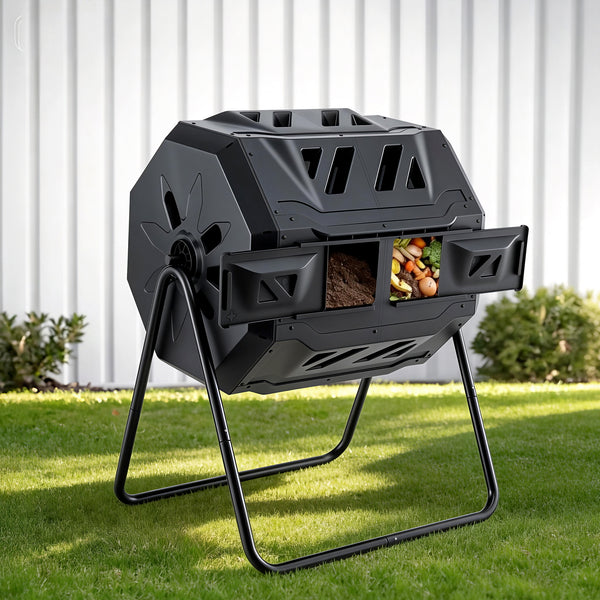 Gardeon Compost Bin Dual-Chamber 160L Composter Tumbler Rotating Garden Recycle Food Waste Awezingly