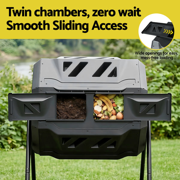 Gardeon Compost Bin Dual-Chamber 160L Composter Tumbler Rotating Garden Recycle Food Waste Awezingly
