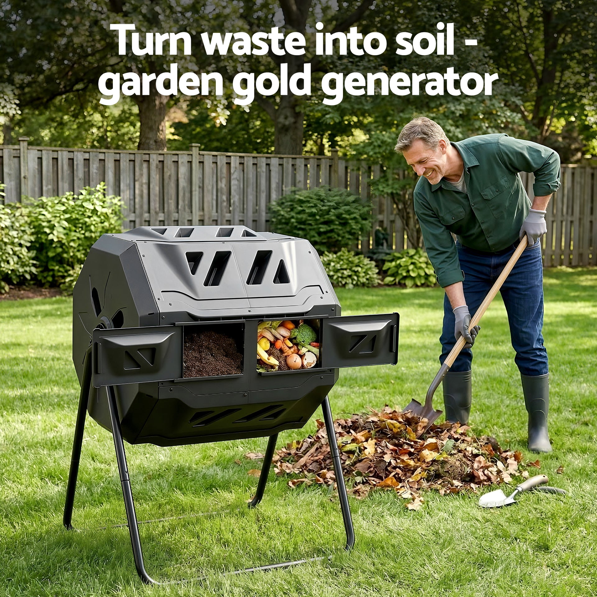 Gardeon Compost Bin Dual-Chamber 160L Composter Tumbler Rotating Garden Recycle Food Waste Awezingly