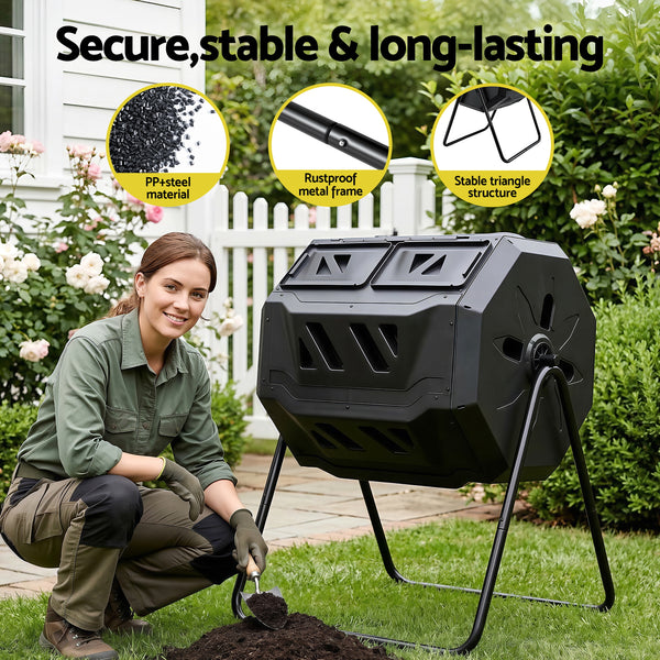 Gardeon Compost Bin Dual-Chamber 160L Composter Tumbler Rotating Garden Recycle Food Waste Awezingly