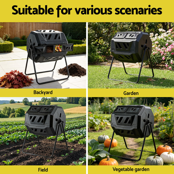 Gardeon Compost Bin Dual-Chamber 160L Composter Tumbler Rotating Garden Recycle Food Waste Awezingly