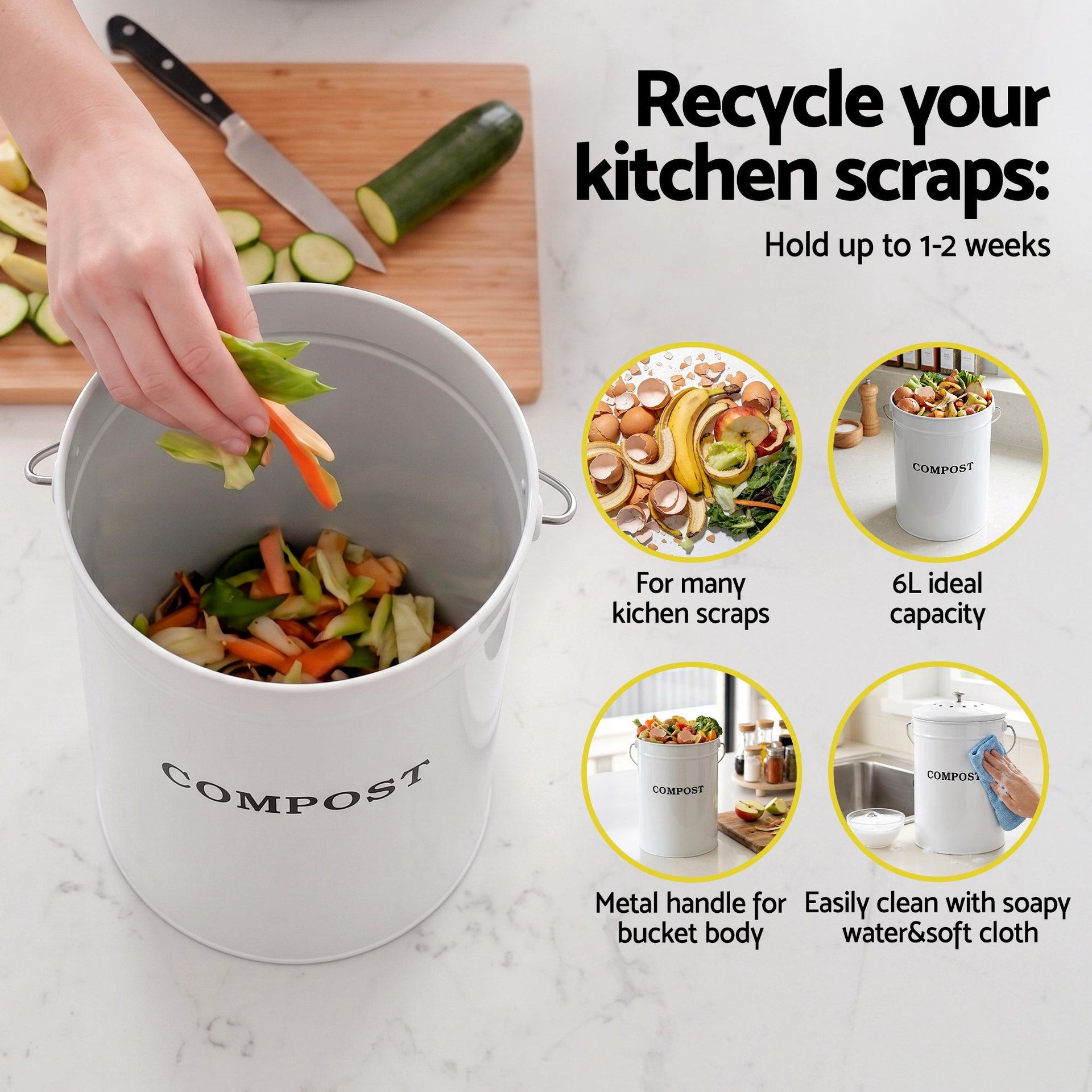 Gardeon Compost Bin Kitchen Compost Caddy Food Waste Bin Bench White Awezingly