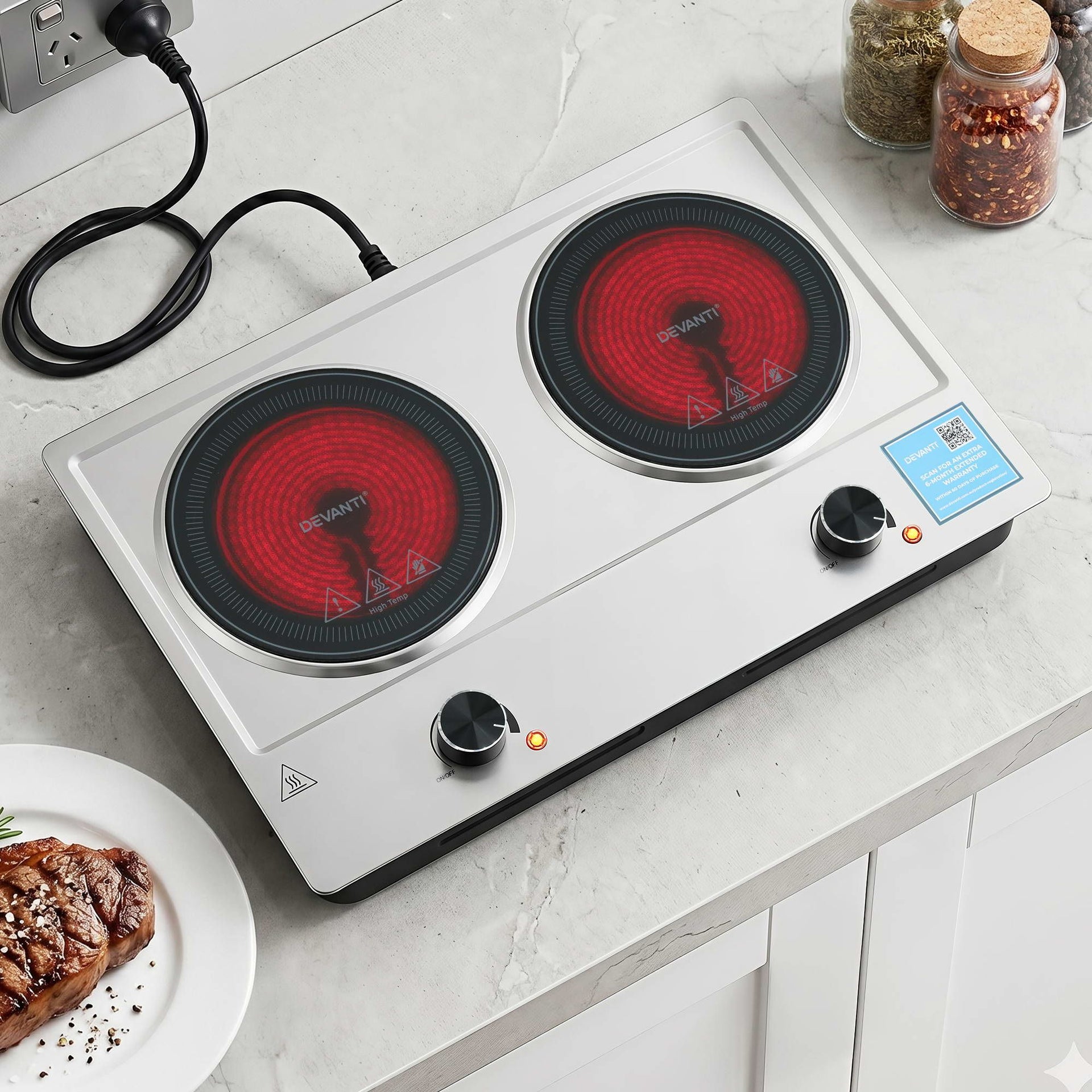 Devanti 2 Hobs Ceramic Cooktop Electric Hot Plate Infrared Knob Control 2400W Devanti
