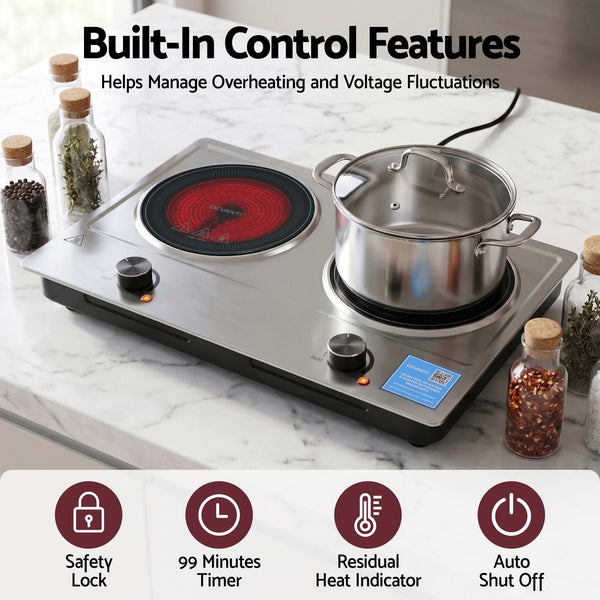Devanti 2 Hobs Ceramic Cooktop Electric Hot Plate Infrared Knob Control 2400W Devanti