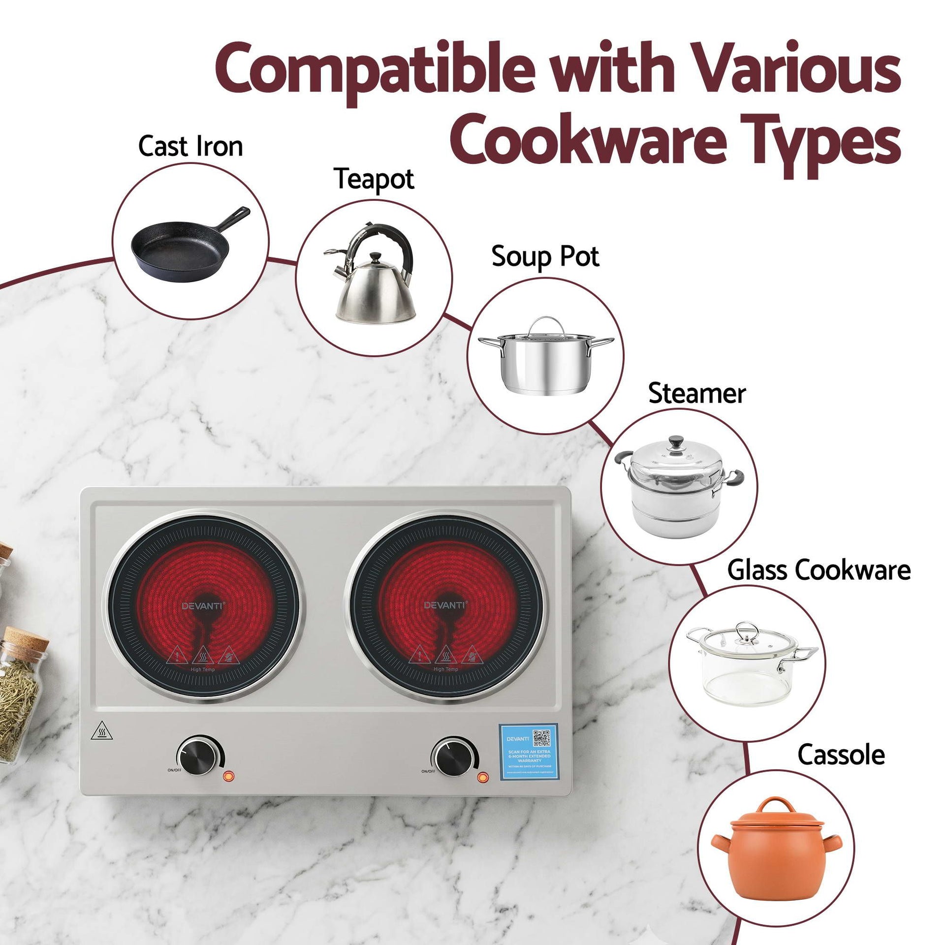 Devanti 2 Hobs Ceramic Cooktop Electric Hot Plate Infrared Knob Control 2400W Devanti