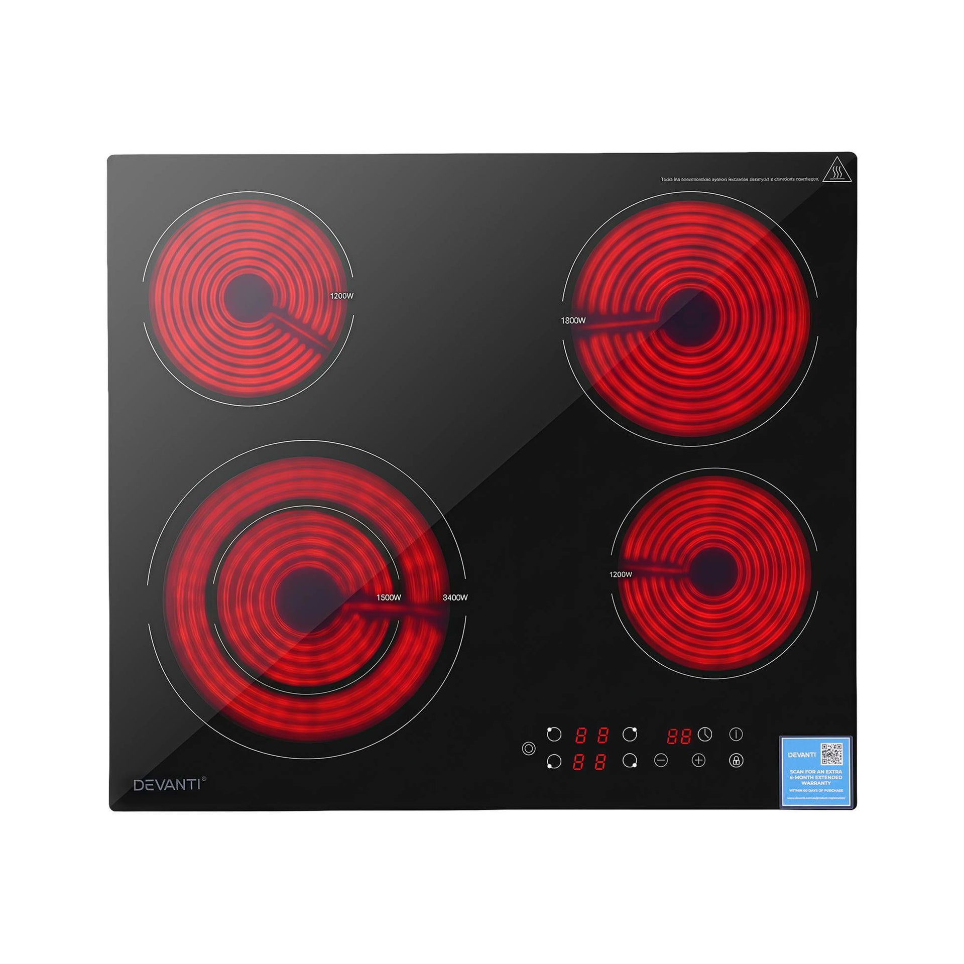 Devanti Ceramic Cooktop 5 Cooking Zone 4 Electric Hobs Touch Control 7600W Black Awezingly