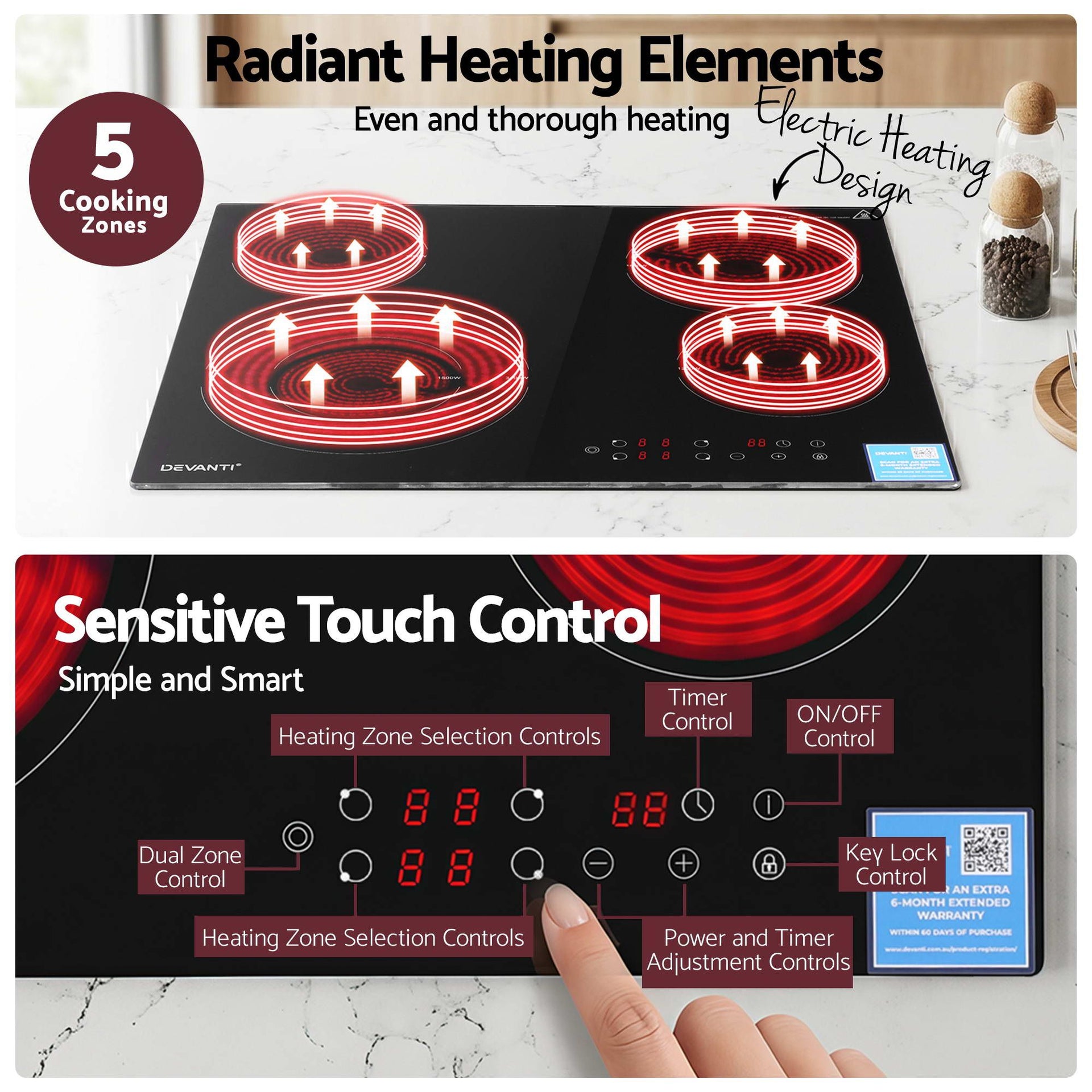 Devanti Ceramic Cooktop 5 Cooking Zone 4 Electric Hobs Touch Control 7600W Black Awezingly