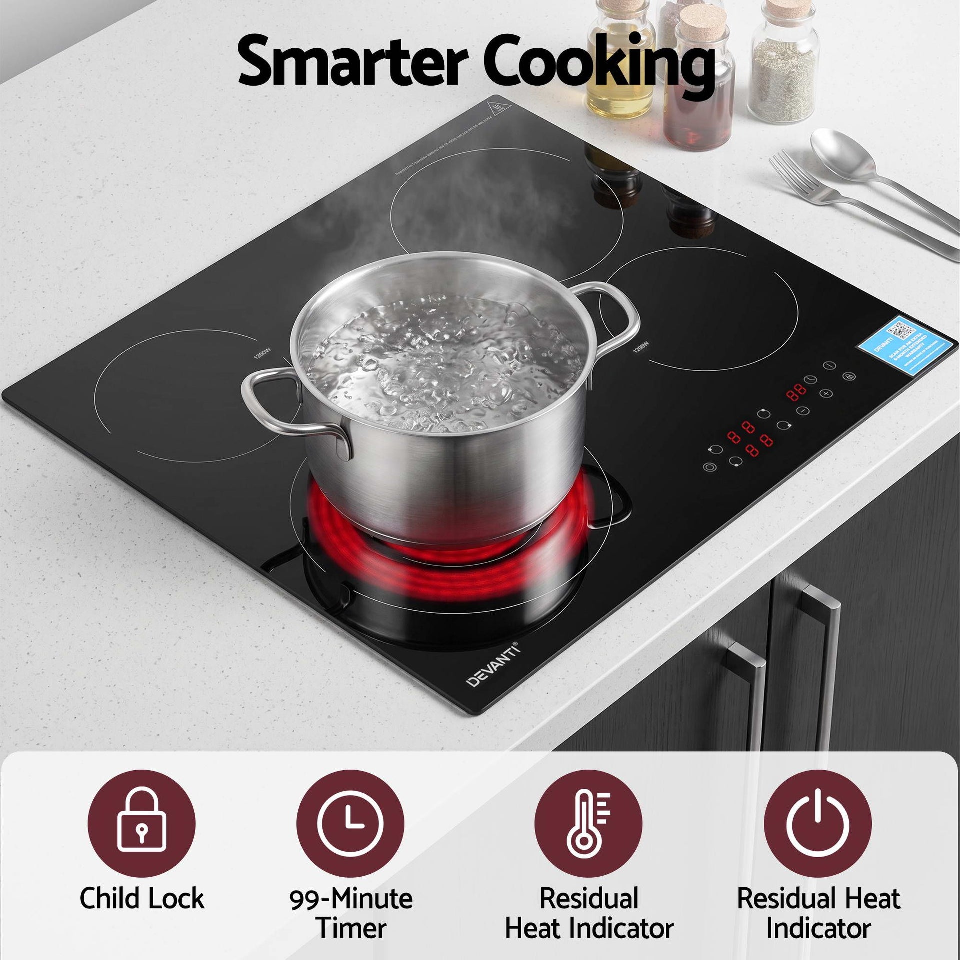 Devanti Ceramic Cooktop 5 Cooking Zone 4 Electric Hobs Touch Control 7600W Black Awezingly
