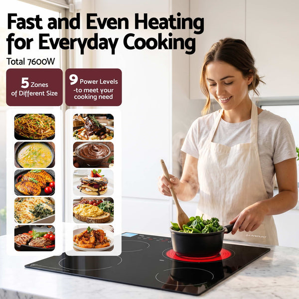 Devanti Ceramic Cooktop 5 Cooking Zone 4 Electric Hobs Touch Control 7600W Black Awezingly