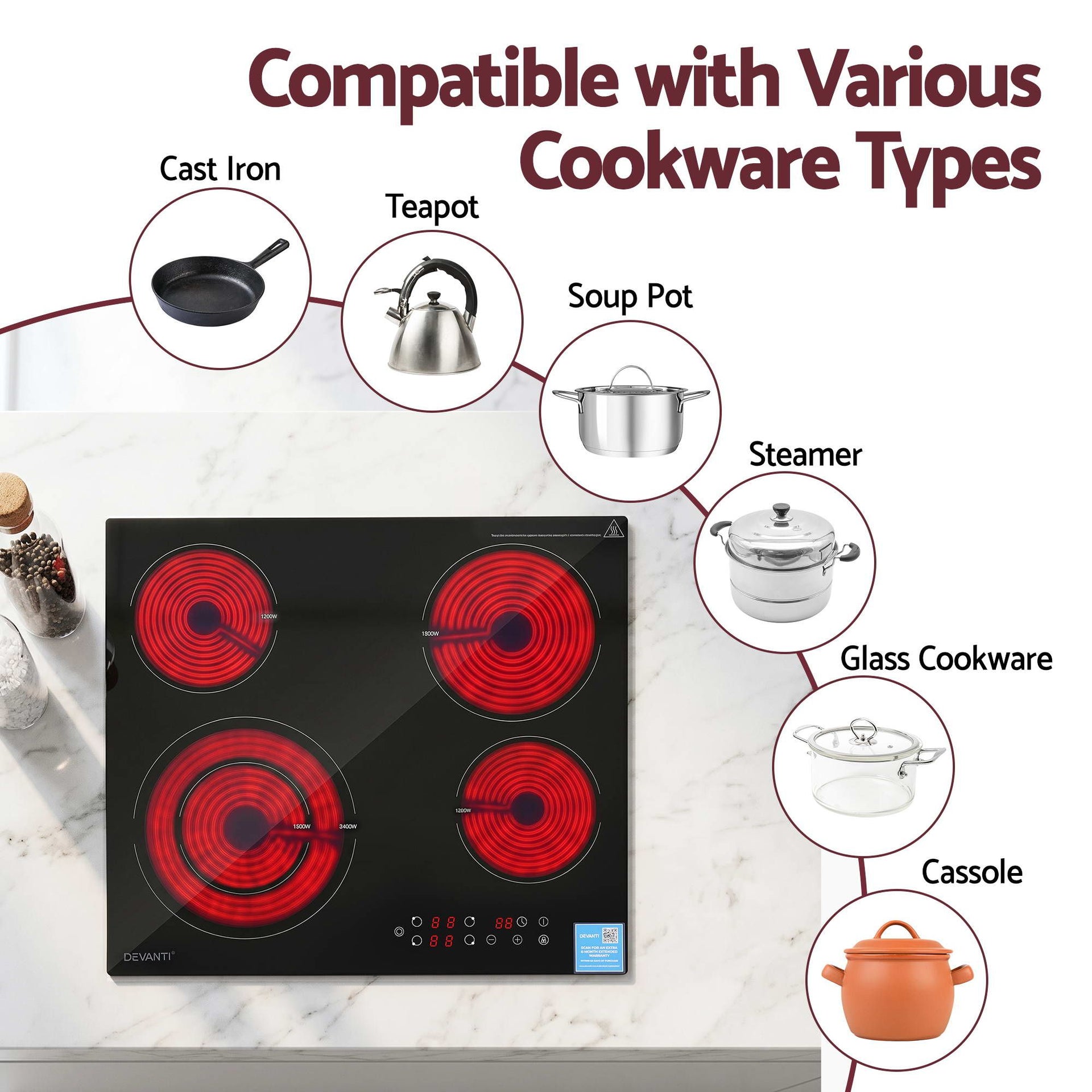 Devanti Ceramic Cooktop 5 Cooking Zone 4 Electric Hobs Touch Control 7600W Black Awezingly