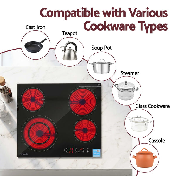 Devanti Ceramic Cooktop 5 Cooking Zone 4 Electric Hobs Touch Control 7600W Black Awezingly