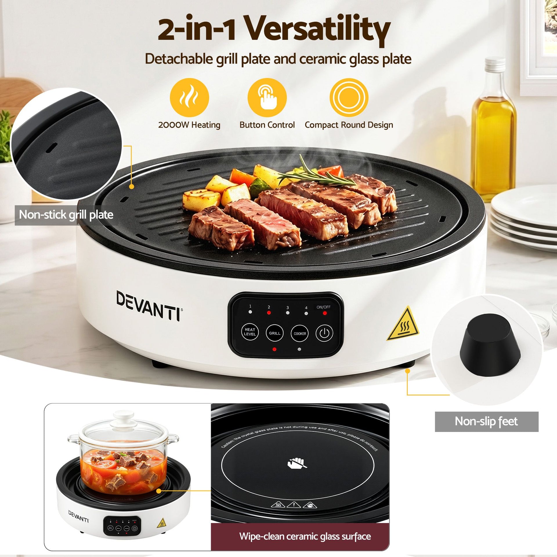 Devanti Ceramic Cooktop Electric Hot Plate Countertop Grill Cooker White Awezingly