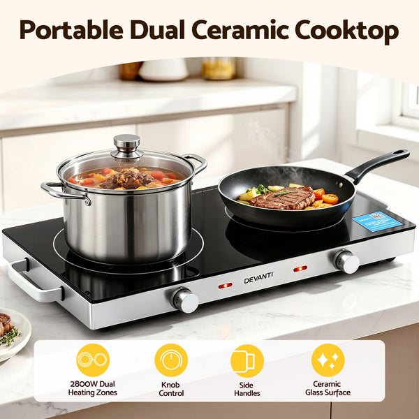 Devanti Portable Ceramic Cooktop Dual Burner Electric Hot Plate 2800W Black Awezingly