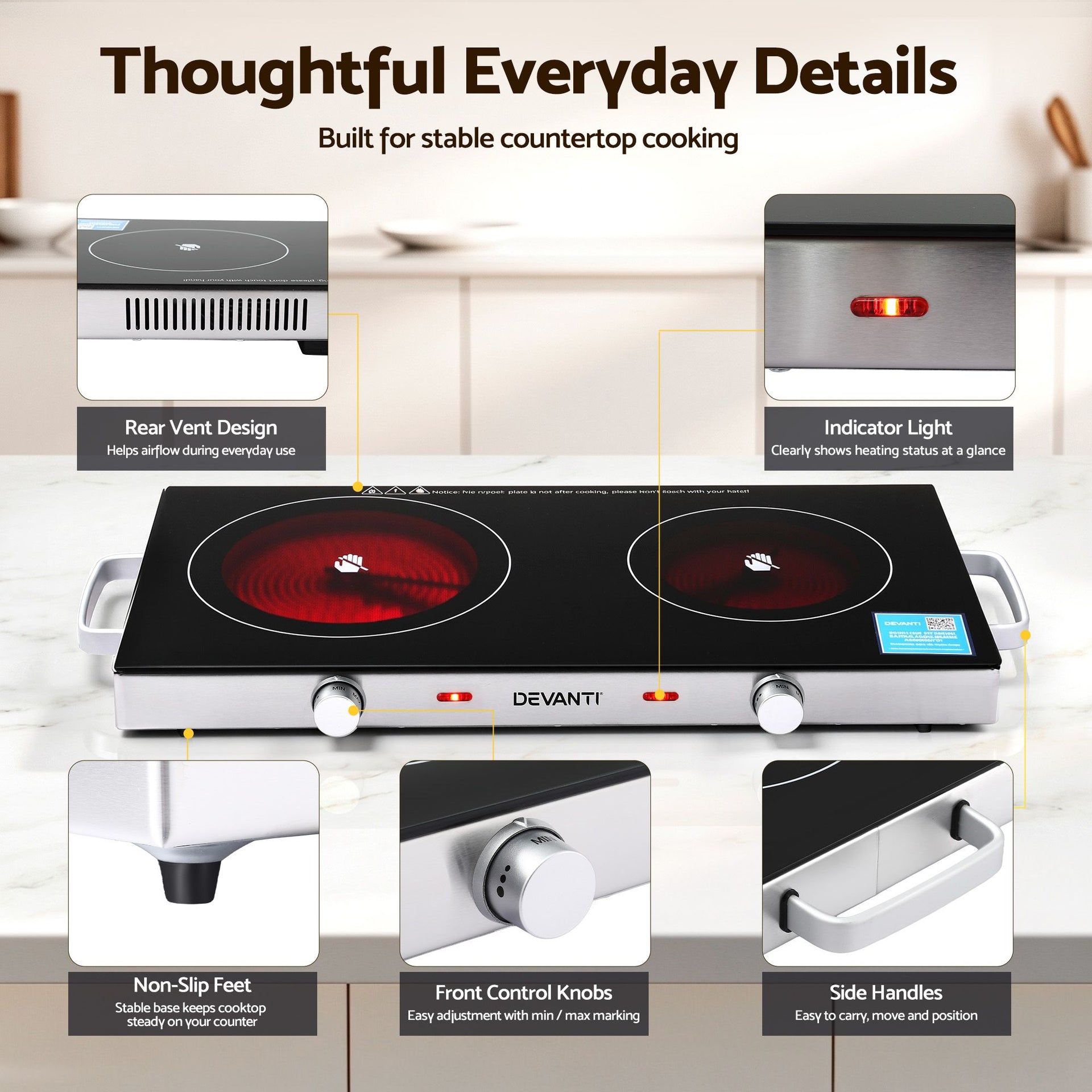 Devanti Portable Ceramic Cooktop Dual Burner Electric Hot Plate 2800W Black Awezingly