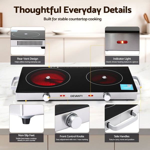 Devanti Portable Ceramic Cooktop Dual Burner Electric Hot Plate 2800W Black Awezingly