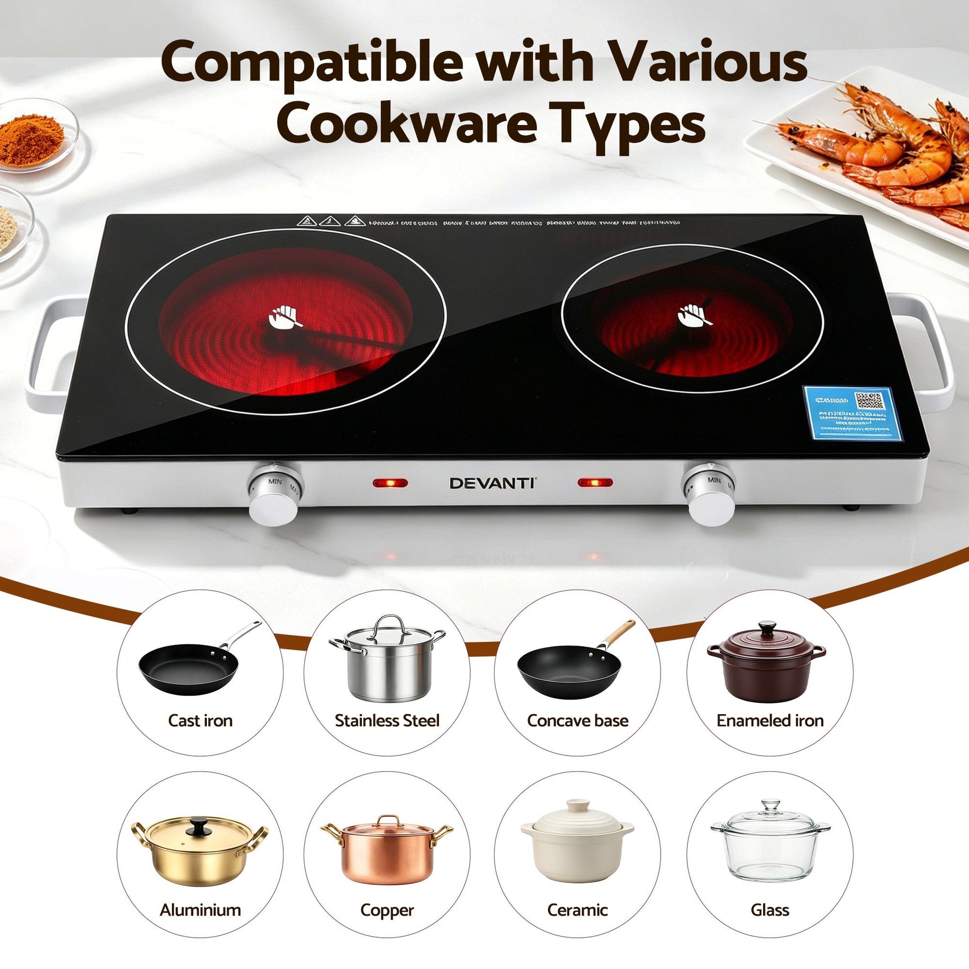 Devanti Portable Ceramic Cooktop Dual Burner Electric Hot Plate 2800W Black Awezingly