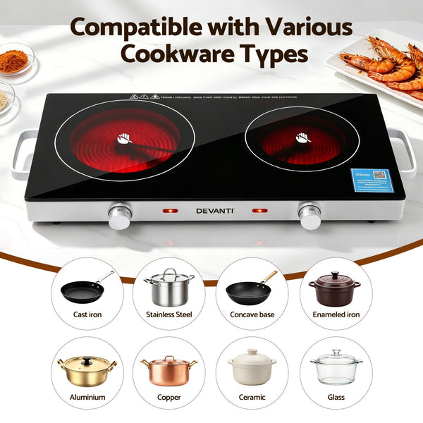 Devanti Portable Ceramic Cooktop Dual Burner Electric Hot Plate 2800W Black Awezingly
