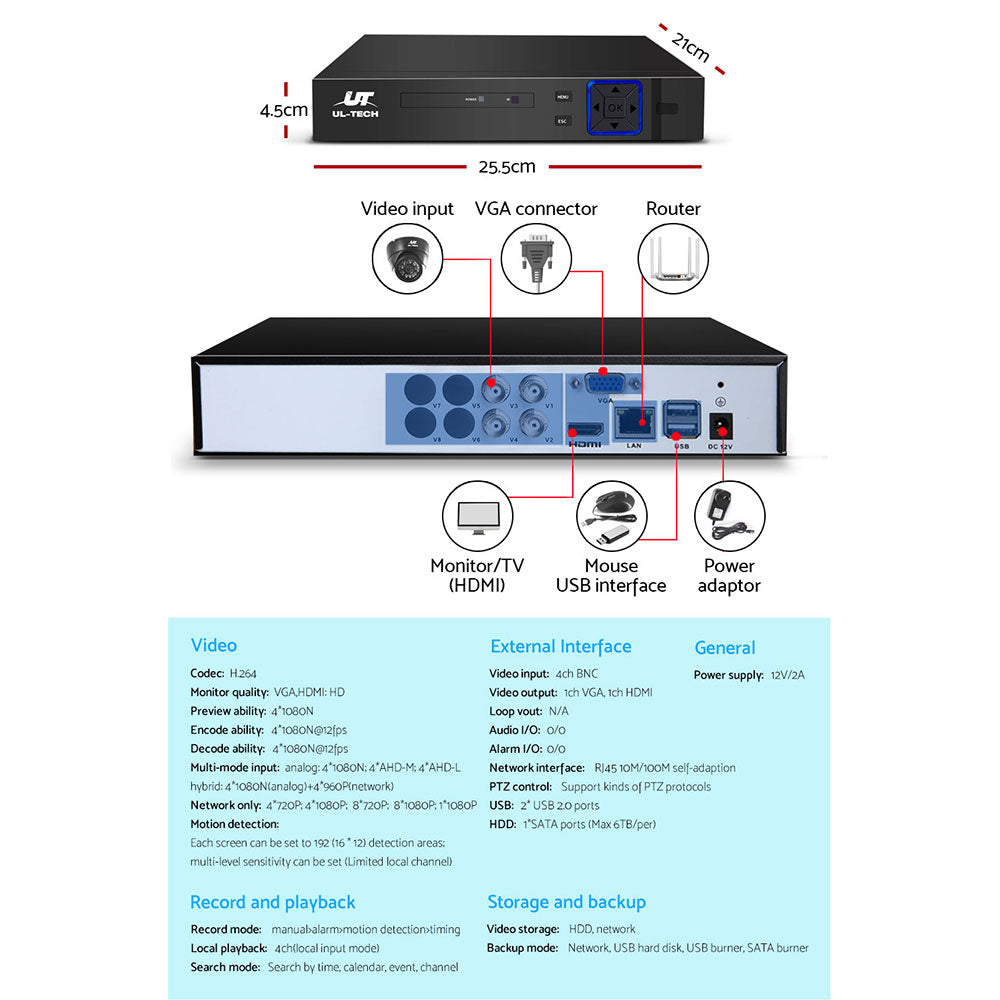 UL-tech CCTV Security Home Camera System DVR 1080P Day Night 2MP IP 4 Dome Cameras 1TB Hard disk UL-TECH