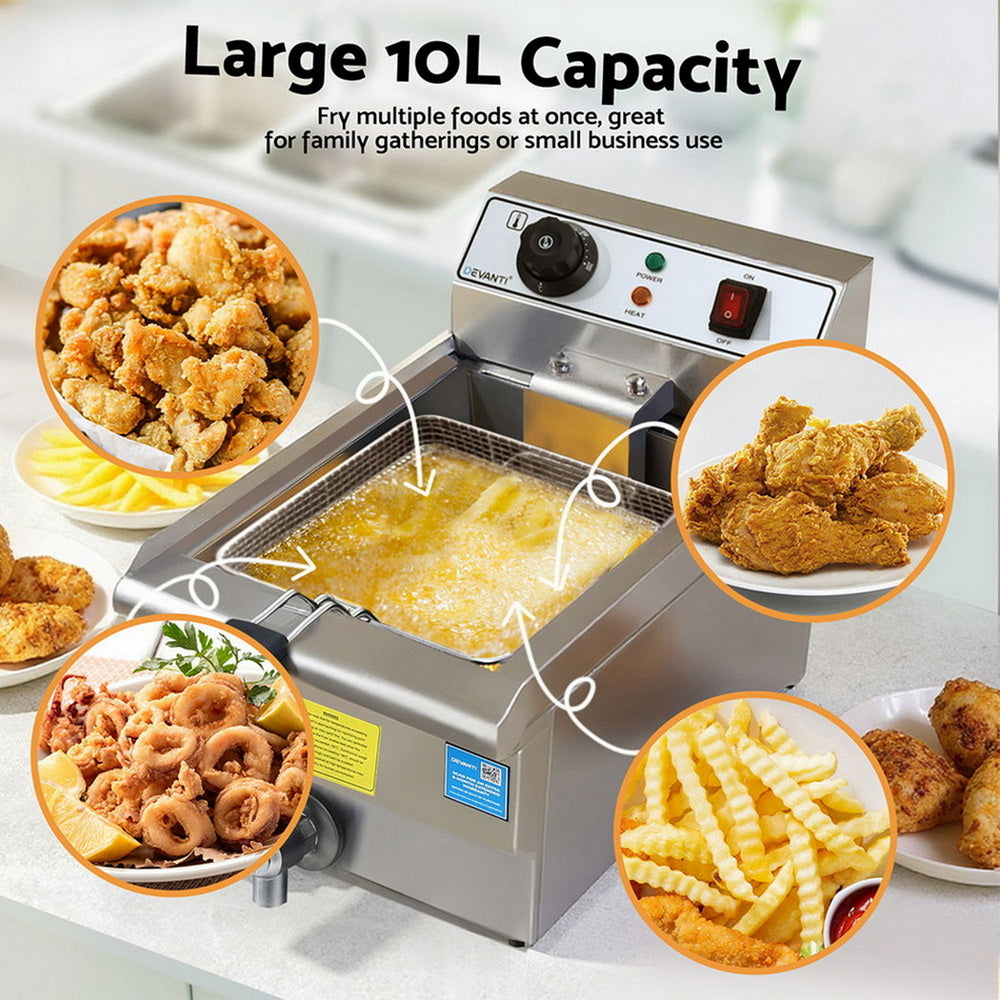 Devanti 3000W Electric Deep Fryer 10L Stainless Steel Fryer w/ Basket & Lid Awezingly