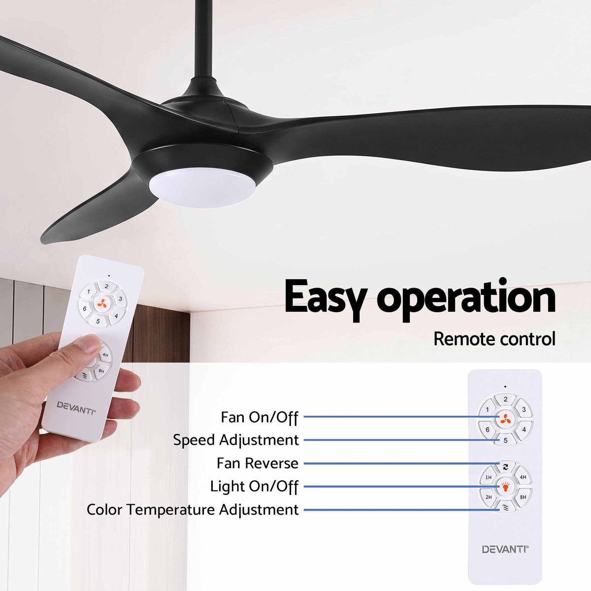 Devanti 52'' Ceiling Fan DC Motor w/Light w/Remote - Black Awezingly