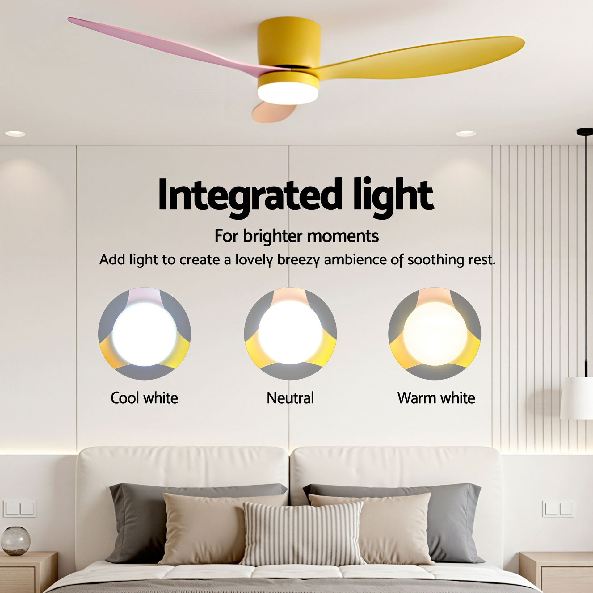 Devanti 52'' Ceiling Fan 3 Blades DC Motor w/Light w/Remote Yellow Pink Orange Awezingly