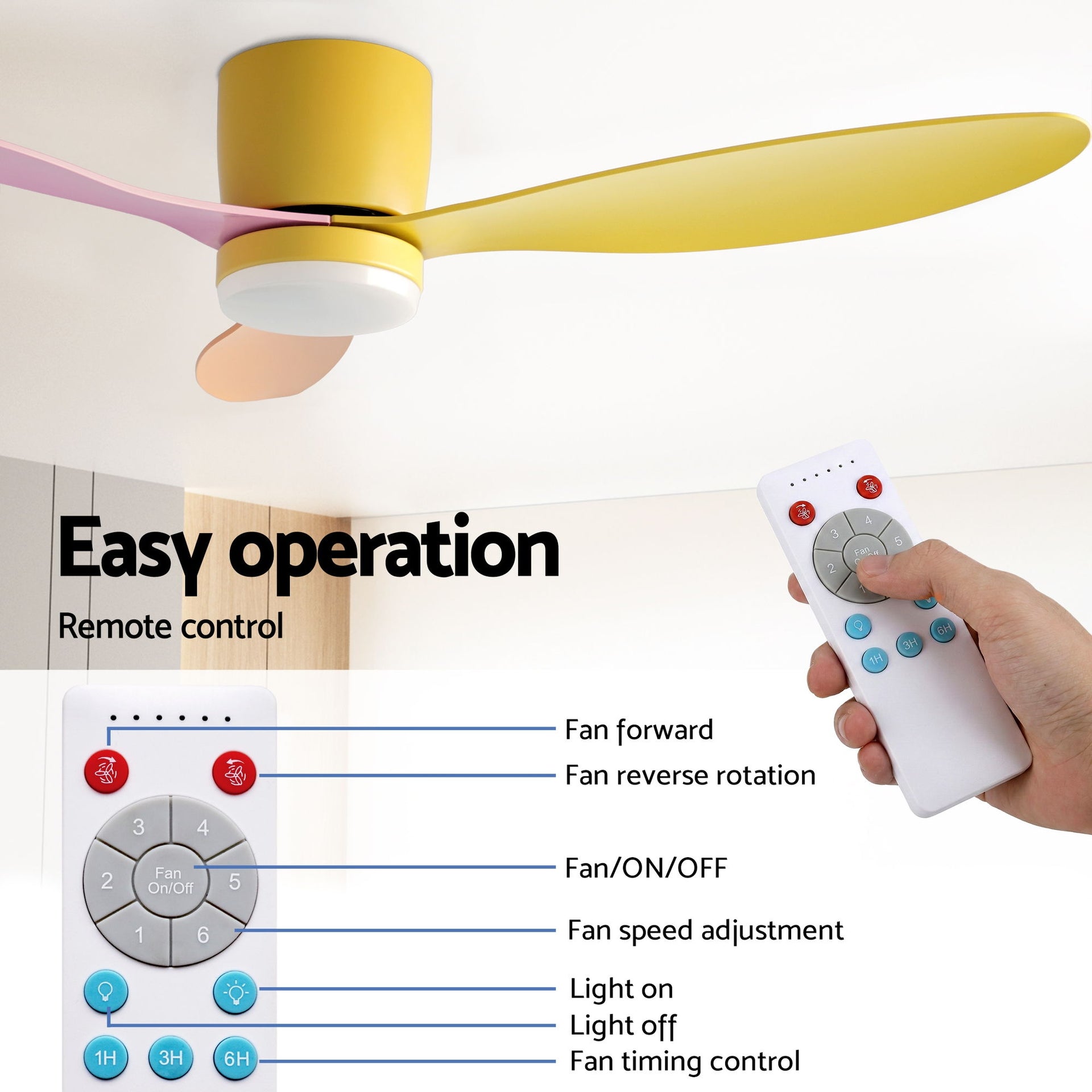 Devanti 52'' Ceiling Fan 3 Blades DC Motor w/Light w/Remote Yellow Pink Orange Awezingly