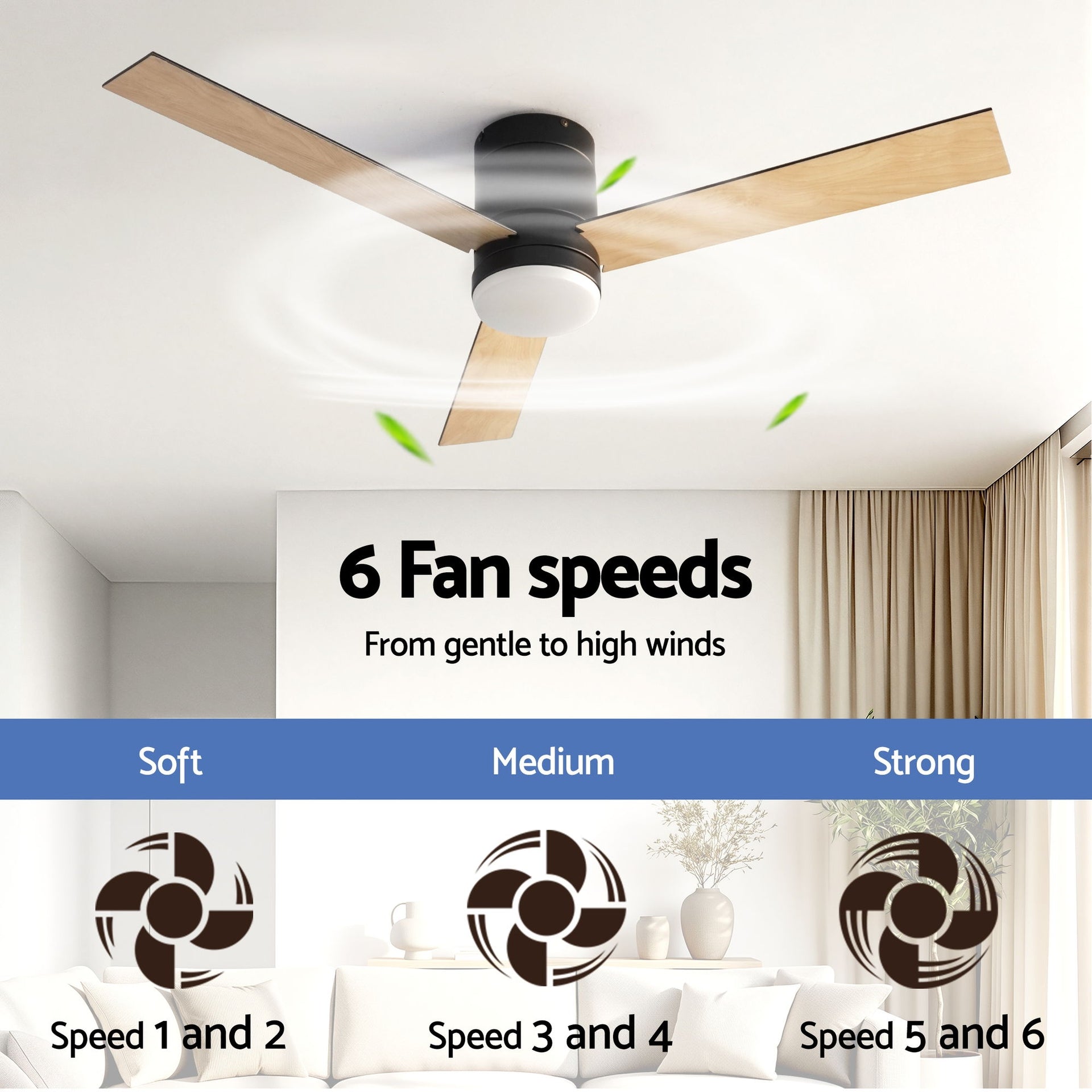 Devanti 52'' Ceiling Fan 3 Blades Double-sided DC Motor w/Light w/Remote Light Wood and bLack Awezingly
