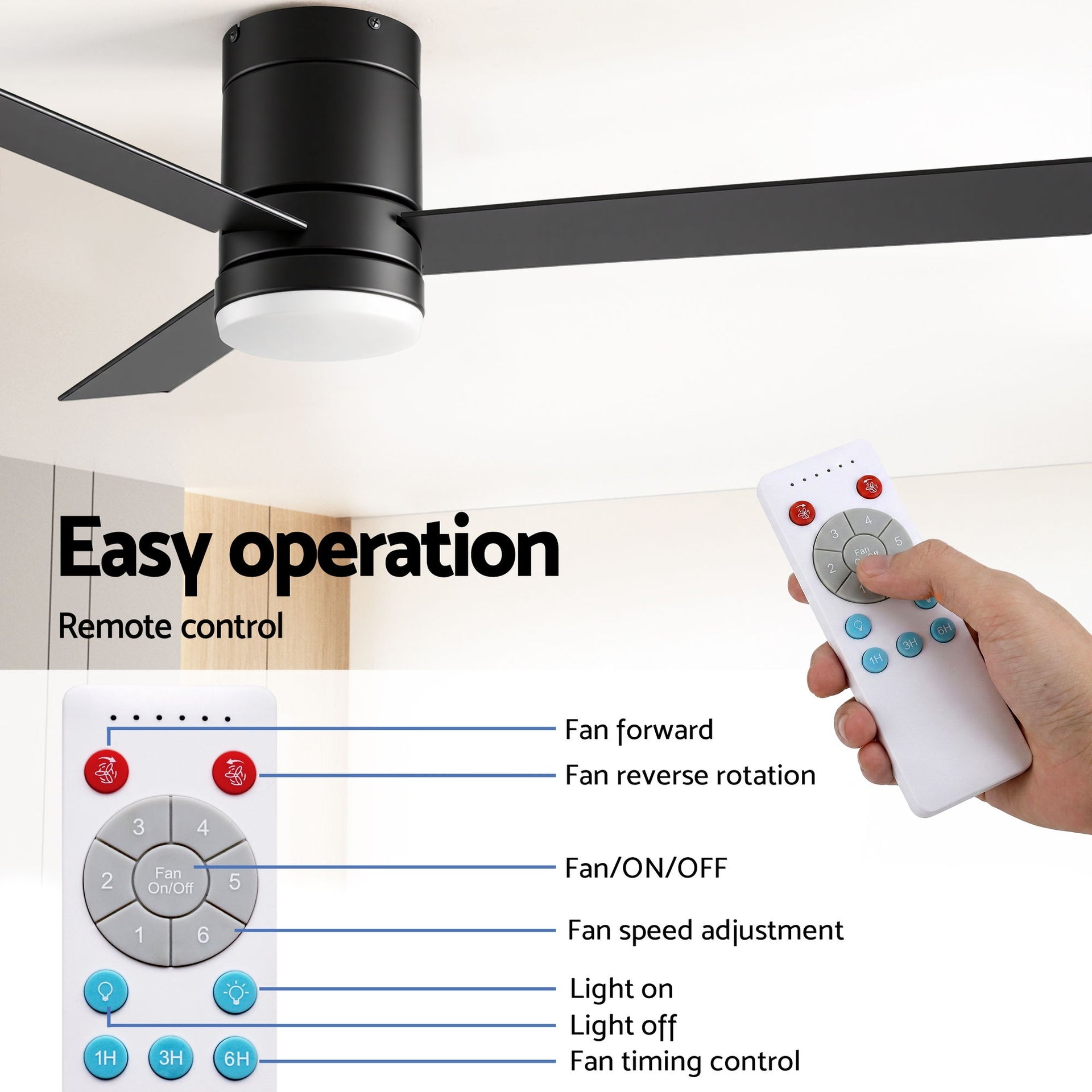 Devanti 52'' Ceiling Fan 3 Blades Double-sided DC Motor w/Light w/Remote Light Wood and bLack Awezingly