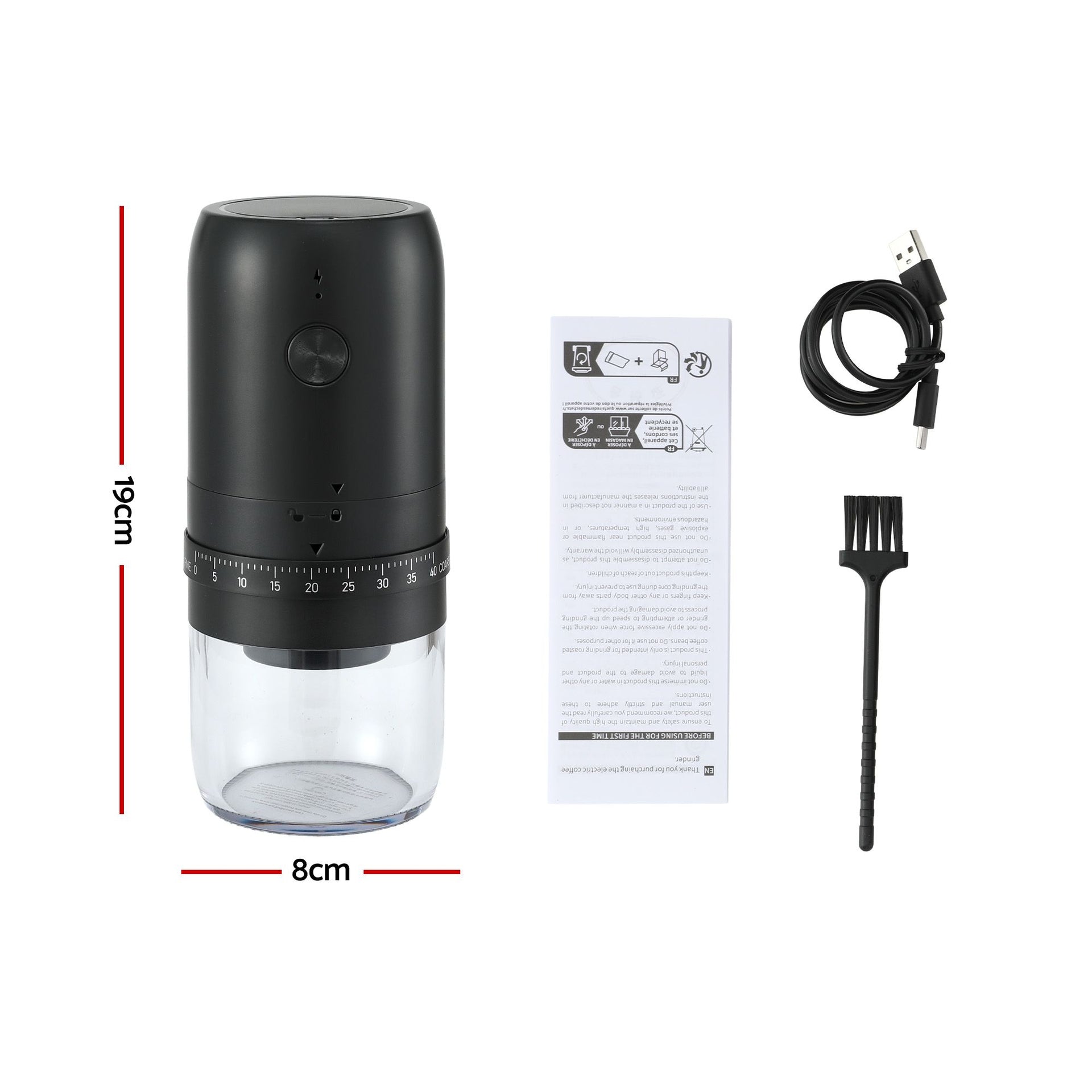 Devanti Electric Coffee Grinder USB-C Rechargeable Portable Coffee Bean Grinder with 40 Precise Grind Settings | Automatic Spice Nut Pepper Grinder Mill with Cleaning Brush & Ground Coffee Container for Home Office Camping Travel, Black Awezingly
