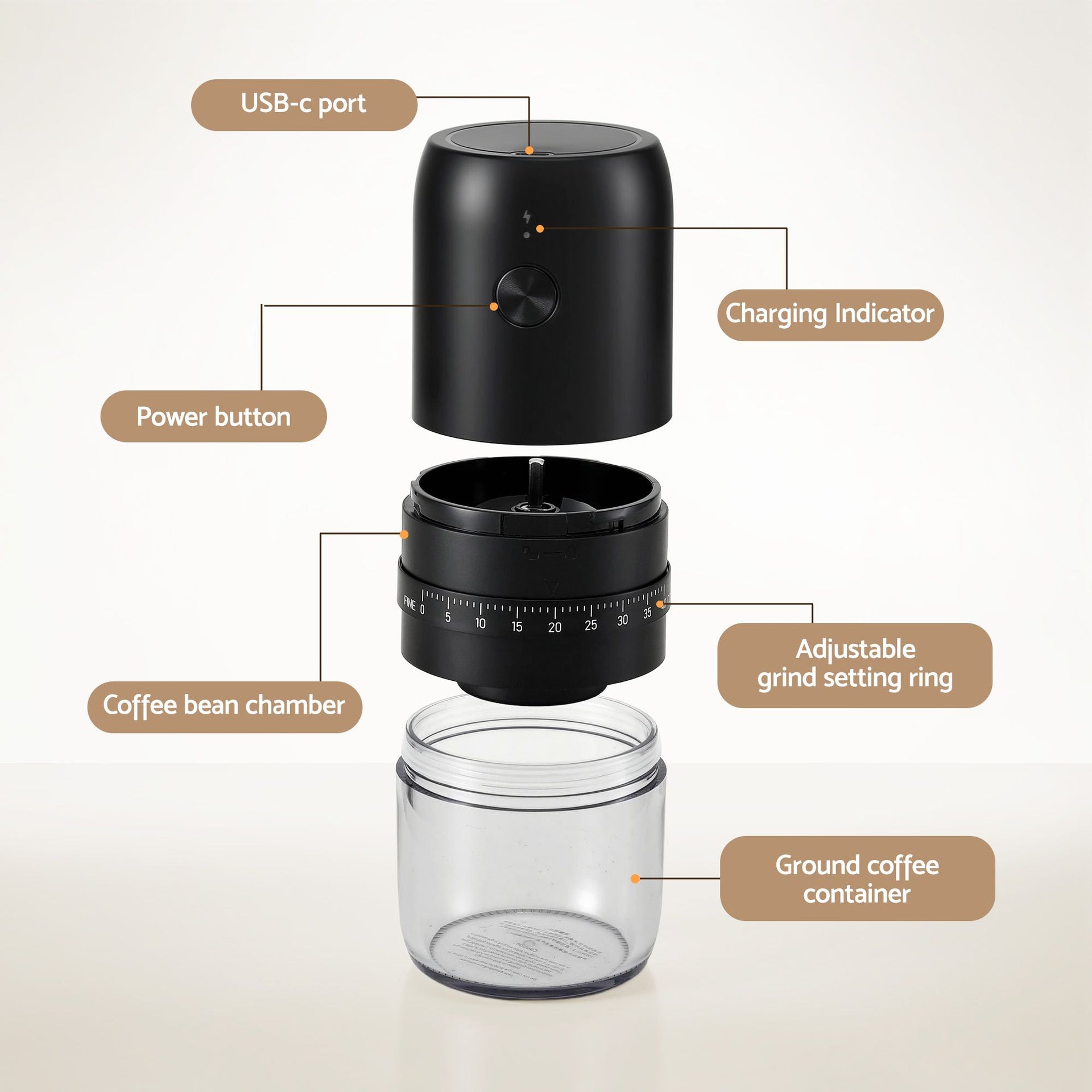 Devanti Electric Coffee Grinder USB-C Rechargeable Portable Coffee Bean Grinder with 40 Precise Grind Settings | Automatic Spice Nut Pepper Grinder Mill with Cleaning Brush & Ground Coffee Container for Home Office Camping Travel, Black Awezingly