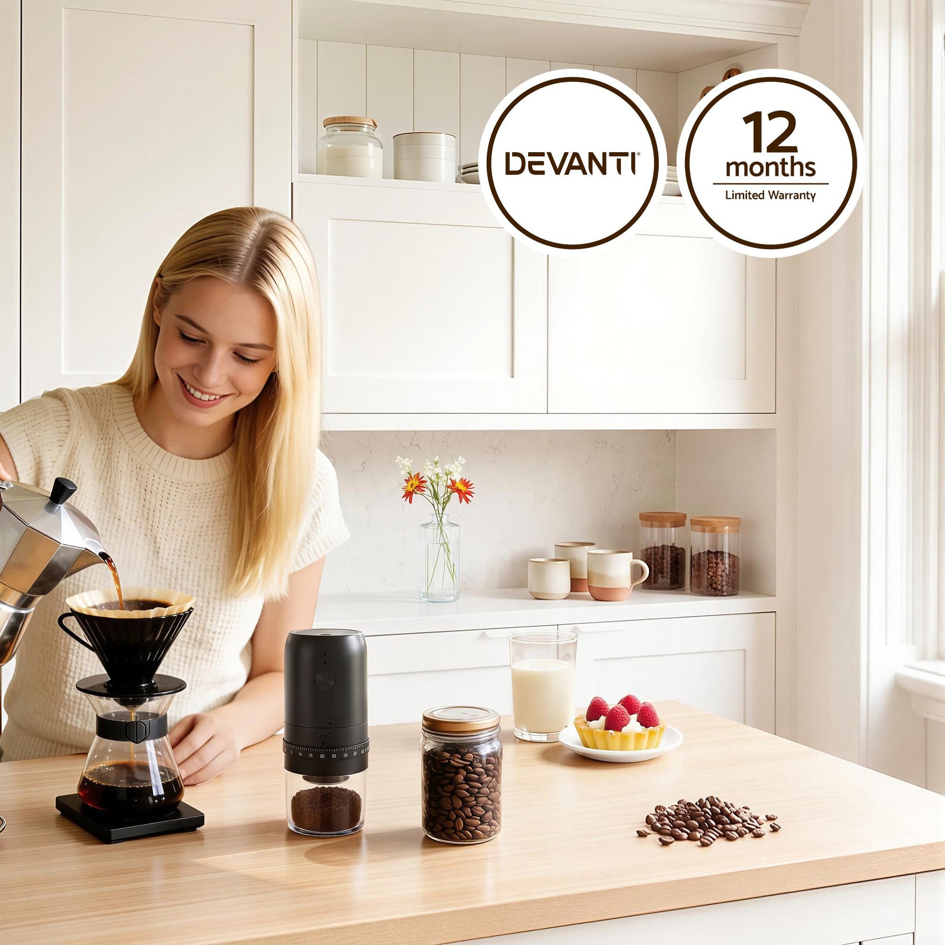 Devanti Electric Coffee Grinder USB-C Rechargeable Portable Coffee Bean Grinder with 40 Precise Grind Settings | Automatic Spice Nut Pepper Grinder Mill with Cleaning Brush & Ground Coffee Container for Home Office Camping Travel, Black Awezingly