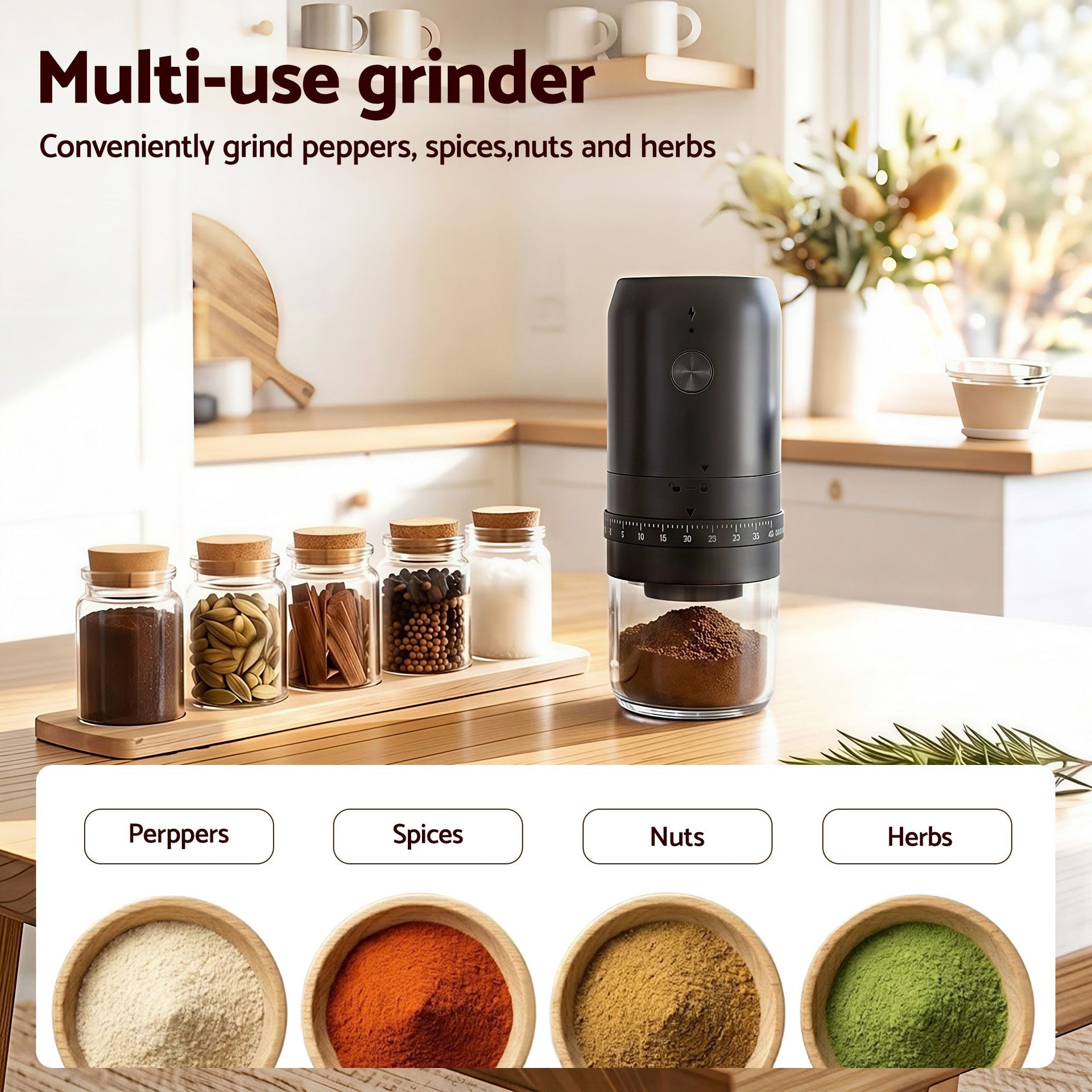 Devanti Electric Coffee Grinder USB-C Rechargeable Portable Coffee Bean Grinder with 40 Precise Grind Settings | Automatic Spice Nut Pepper Grinder Mill with Cleaning Brush & Ground Coffee Container for Home Office Camping Travel, Black Awezingly